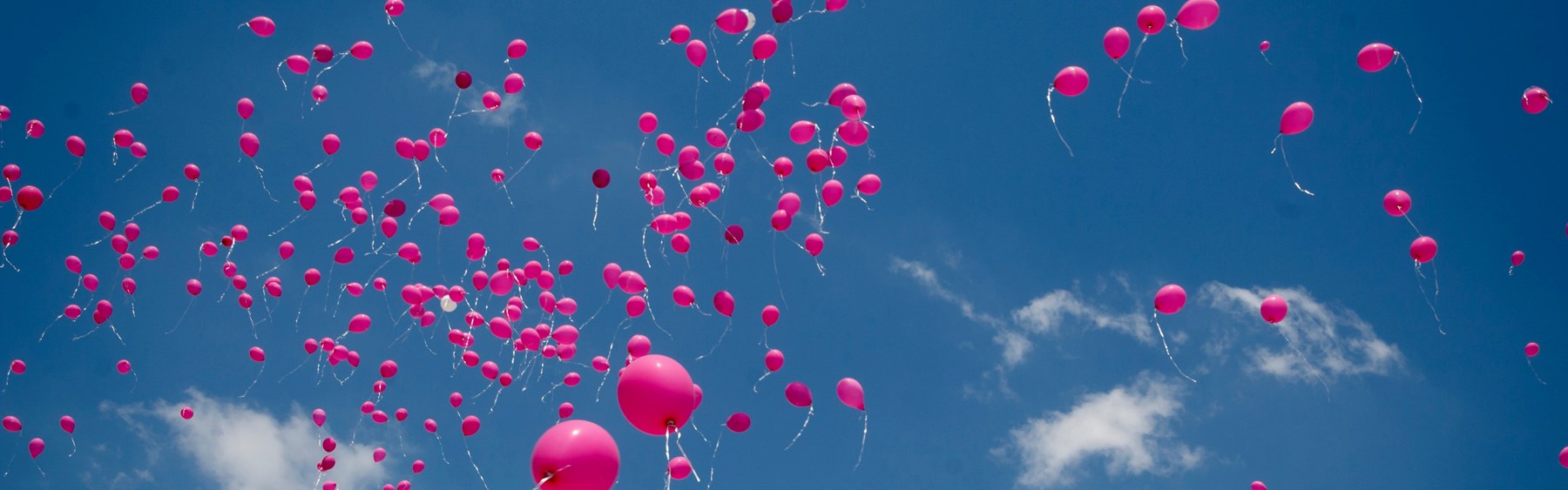 Mange lyserøde balloner stiger til vejrs